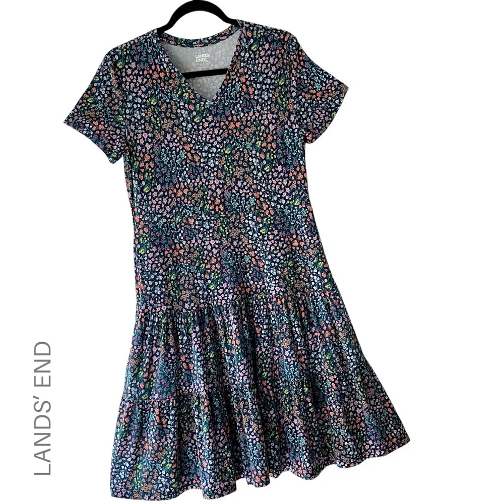 LANDS’END | NWOT DITSY PRINT TIERED COTTON & MODAL DRESS SHORT SLEEVE | SMALL